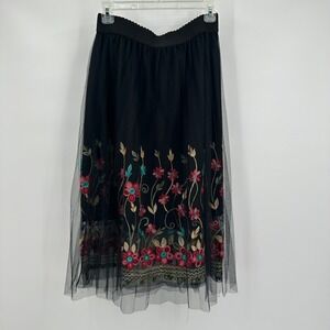 Womens Fairy Grunge Midi Skirt Size M Mesh Embroidered Floral Tulle Whimsigoth